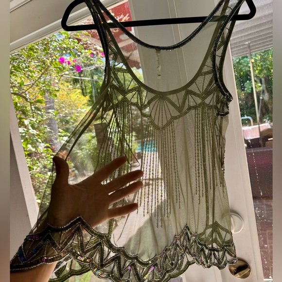 Willow and Clay Sheer Mesh Embellished Olive Green tank Sz Xs - Picture 6 of 6